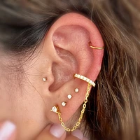 925 Sterling Silver Gold PVD Chain Connected CZ Stud With Faux Cartilage Conch Hoop