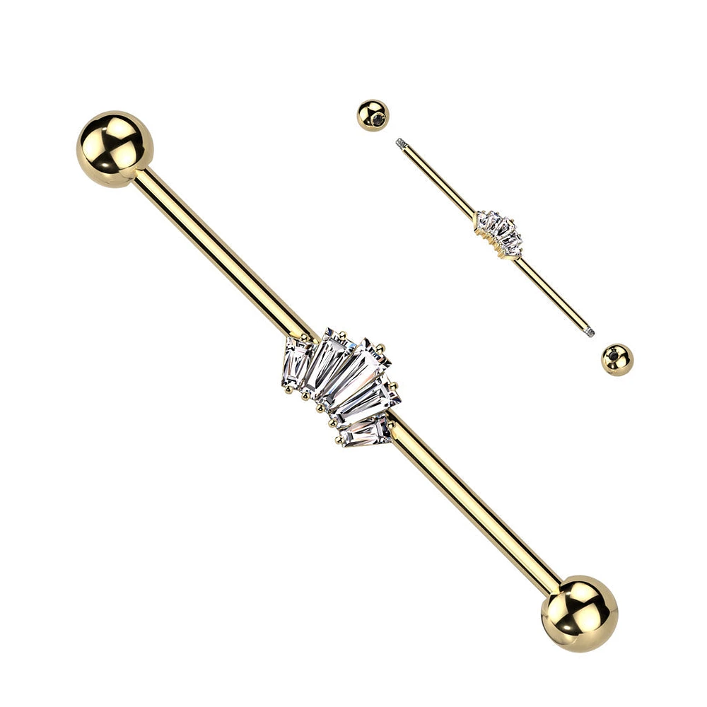 316L Surgical Steel Gold PVD White CZ 5 Gem Baguette Industrial Barbell