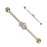 316L Surgical Steel Gold PVD White CZ 5 Gem Baguette Industrial Barbell