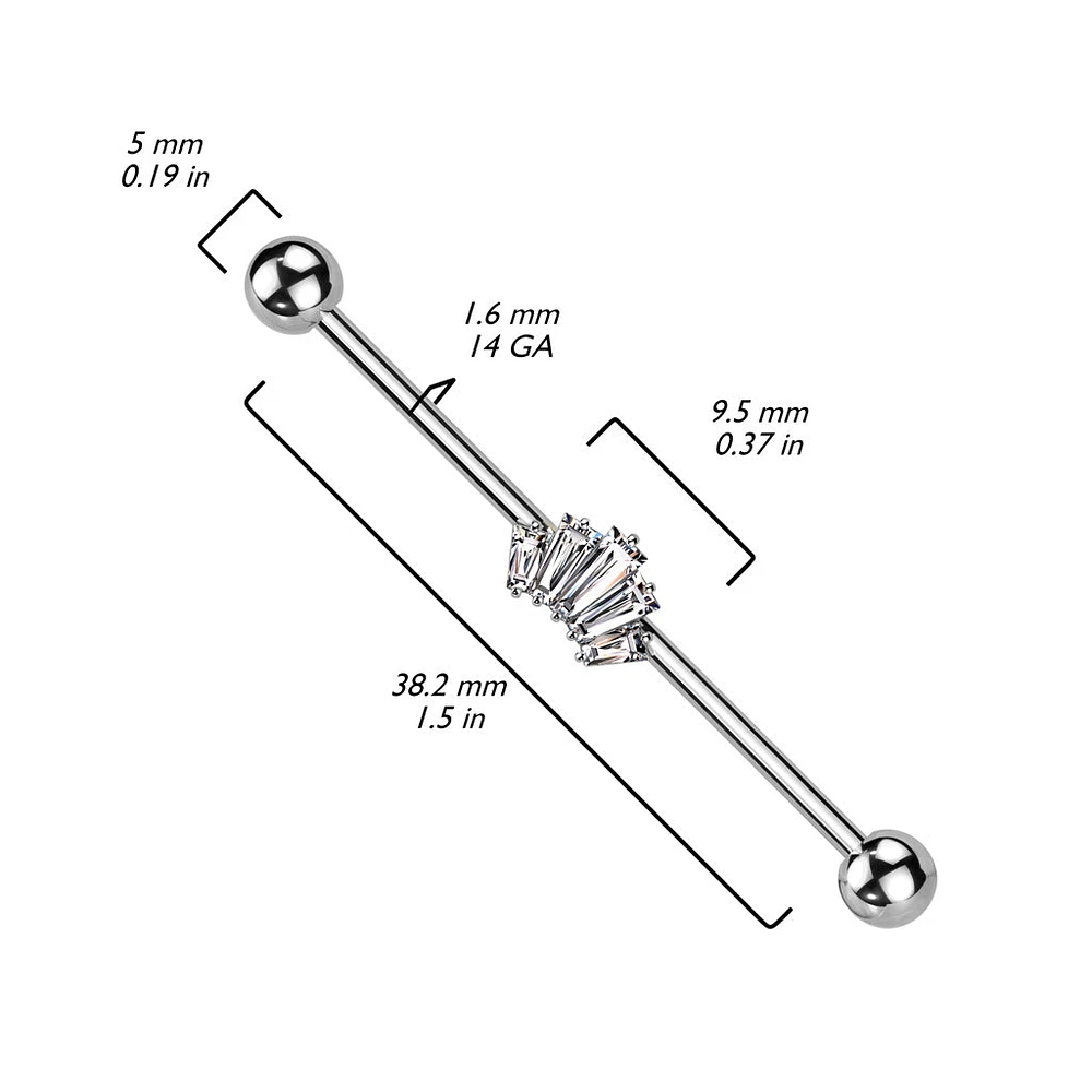 316L Surgical Steel Gold PVD White CZ 5 Gem Baguette Industrial Barbell