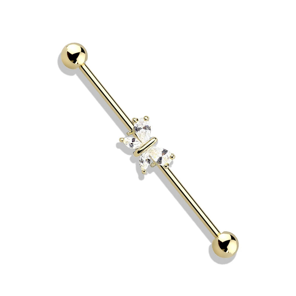 316L Surgical Steel Gold PVD White CZ Gem Butterfly Industrial Barbell