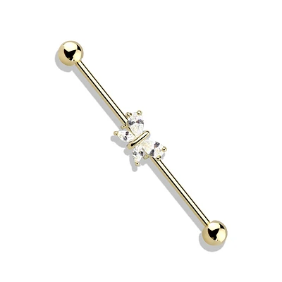 316L Surgical Steel Gold PVD White CZ Gem Butterfly Industrial Barbell