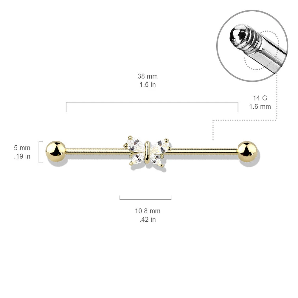 316L Surgical Steel White CZ Gem Butterfly Industrial Barbell