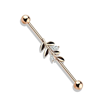 316L Surgical Steel Rose Gold PVD White CZ Leaf Industrial Barbell