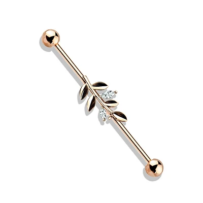 316L Surgical Steel Rose Gold PVD White CZ Leaf Industrial Barbell