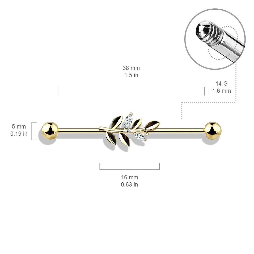 316L Surgical Steel Gold PVD White CZ Leaf Industrial Barbell