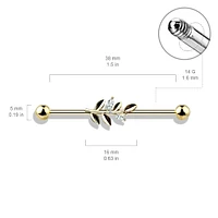 316L Surgical Steel Gold PVD White CZ Leaf Industrial Barbell