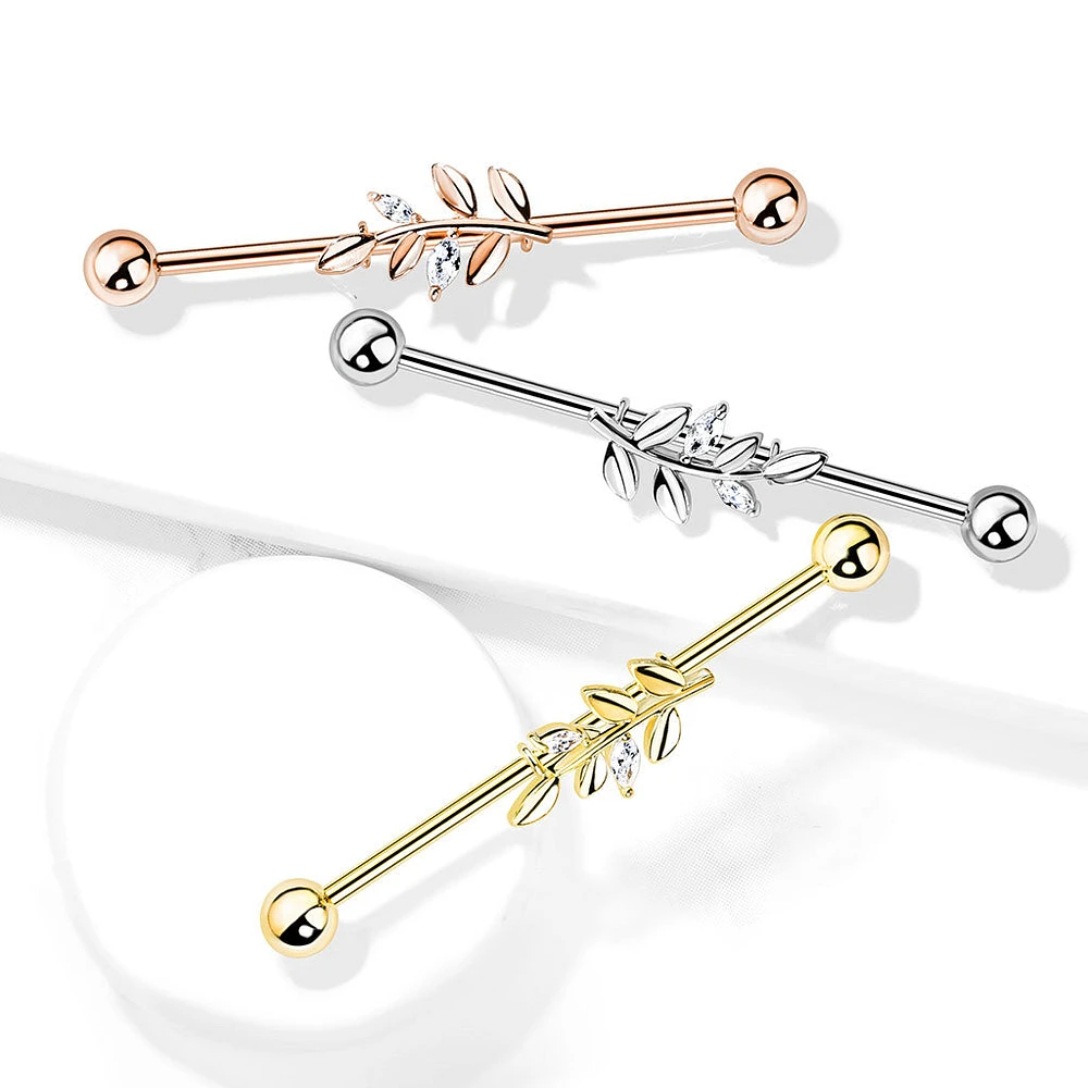 316L Surgical Steel Rose Gold PVD White CZ Leaf Industrial Barbell