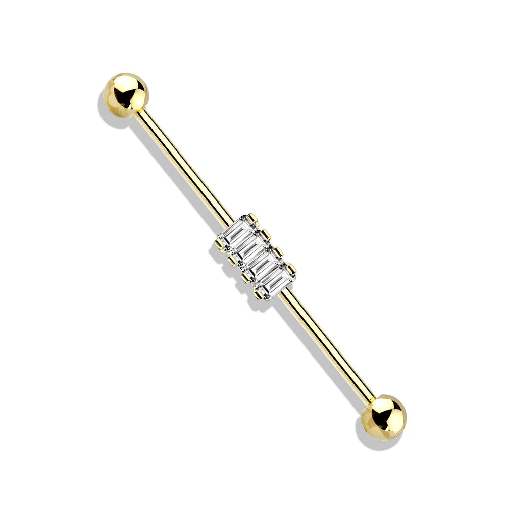 316L Surgical Steel Gold PVD Baguette Gem Cluster Industrial Barbell