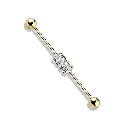 316L Surgical Steel Gold PVD Baguette Gem Cluster Industrial Barbell