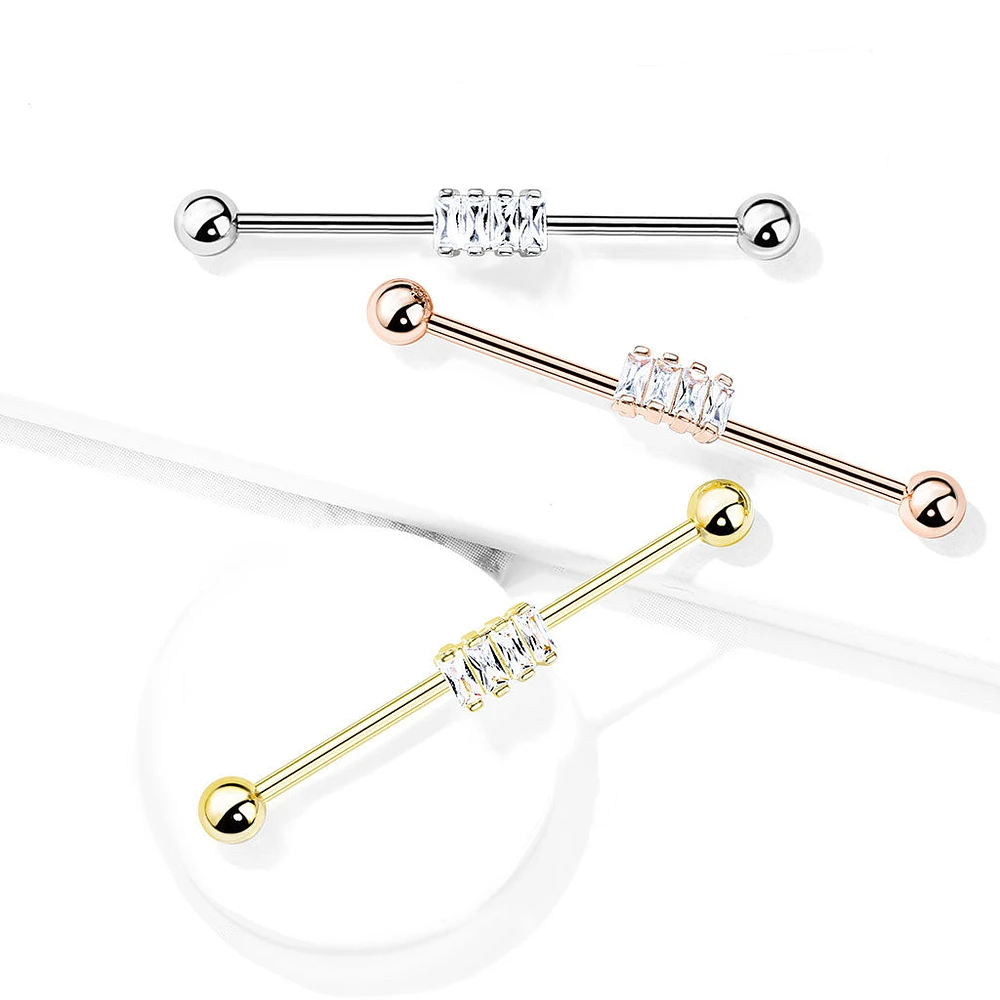 316L Surgical Steel Rose Gold PVD Baguette Gem Cluster Industrial Barbell