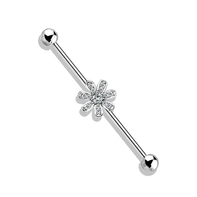 316L Surgical Steel White CZ Gem Flower Industrial Barbell