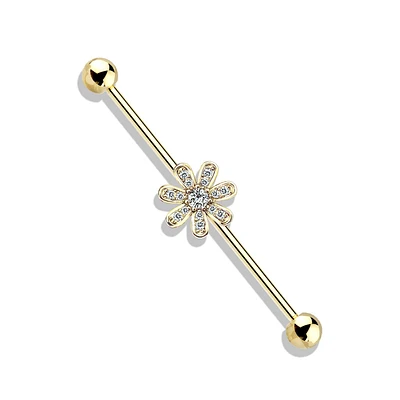 316L Surgical Steel Gold PVD White CZ Gem Flower Industrial Barbell