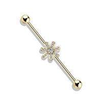 316L Surgical Steel Gold PVD White CZ Gem Flower Industrial Barbell