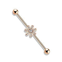 316L Surgical Steel Rose Gold PVD White CZ Gem Flower Industrial Barbell