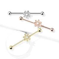 316L Surgical Steel Rose Gold PVD White CZ Gem Flower Industrial Barbell