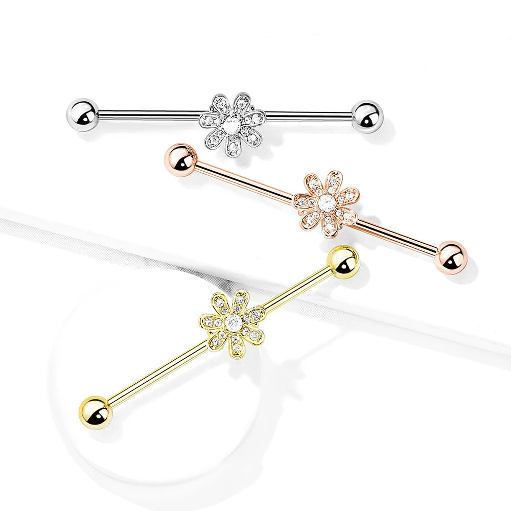 316L Surgical Steel Gold PVD White CZ Gem Flower Industrial Barbell