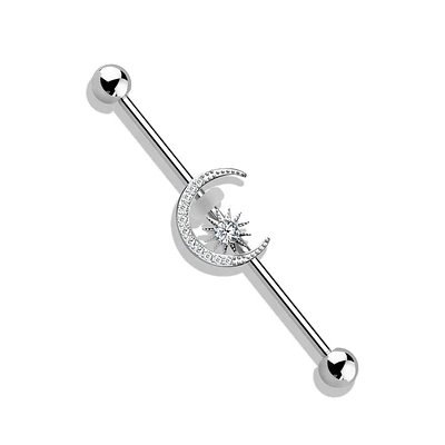 316L Surgical Steel White CZ Gem Moon & Star Industrial Barbell