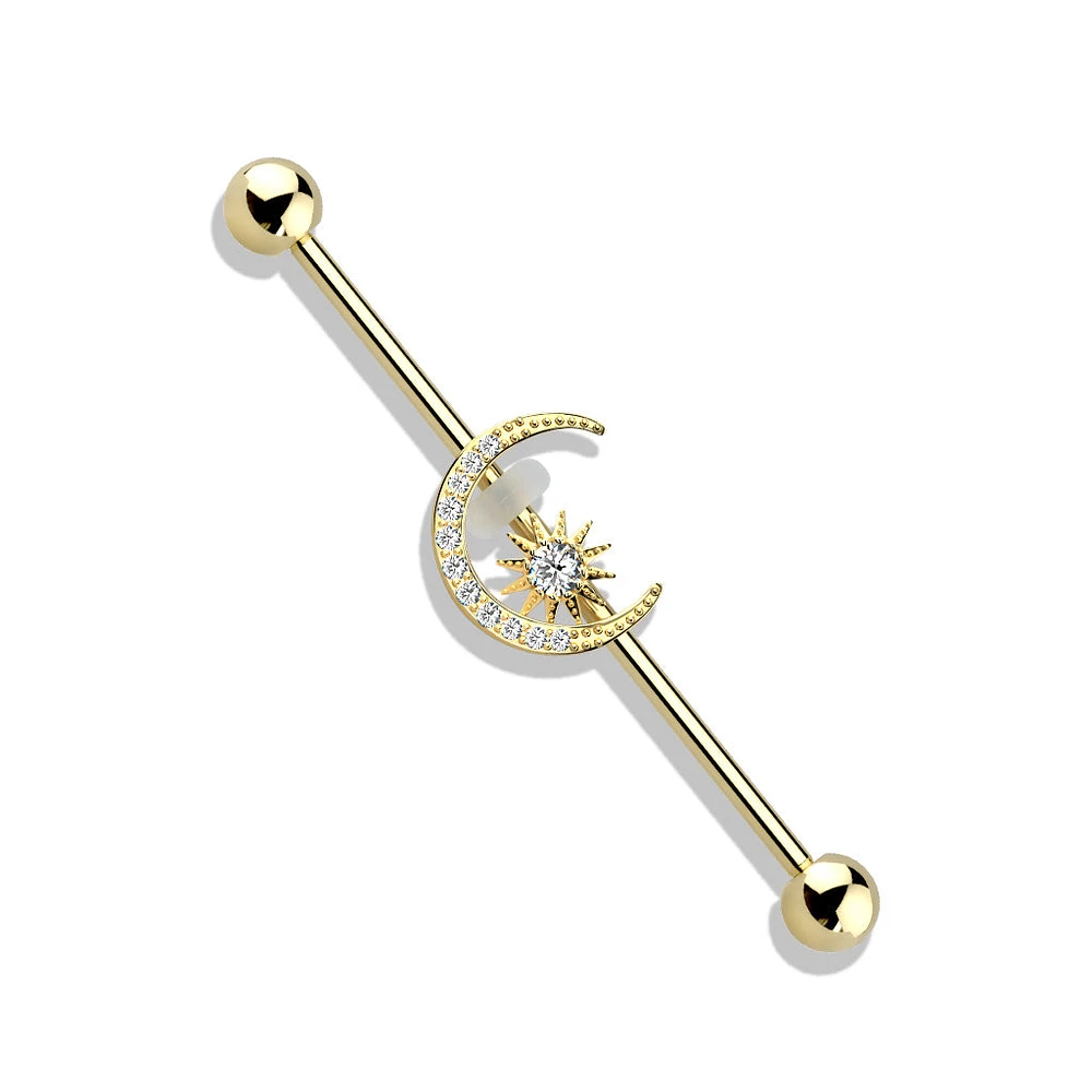 316L Surgical Steel Gold PVD White CZ Gem Moon & Star Industrial Barbell