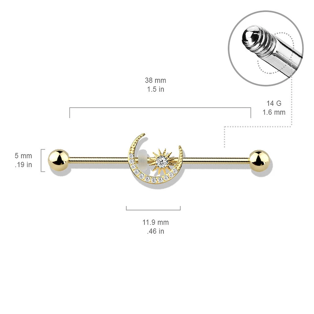 316L Surgical Steel Gold PVD White CZ Gem Moon & Star Industrial Barbell