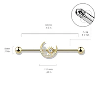 316L Surgical Steel Gold PVD White CZ Gem Moon & Star Industrial Barbell
