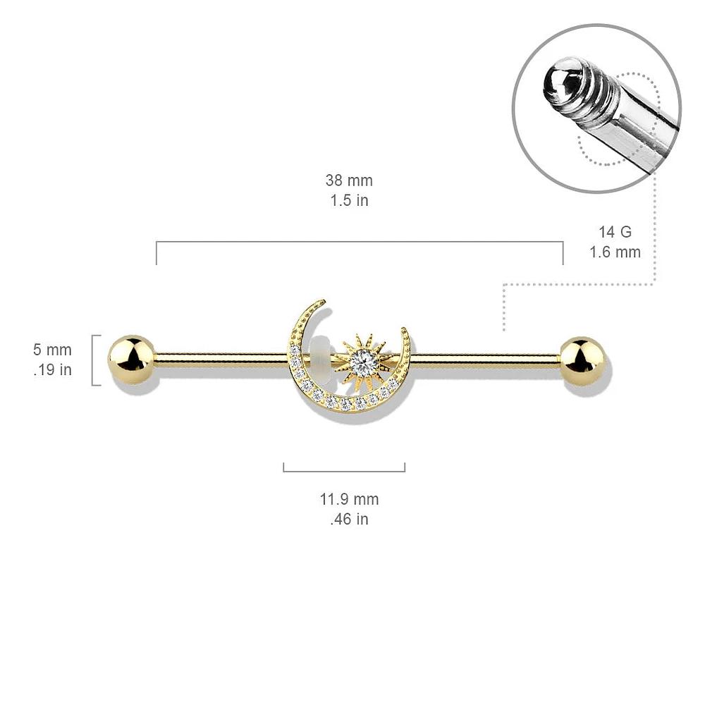 316L Surgical Steel Rose Gold PVD White CZ Gem Moon & Star Industrial Barbell