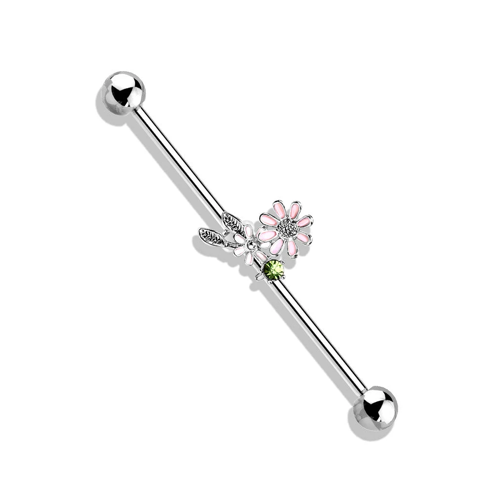 316L Surgical Steel Green CZ Gem With Flowers Industrial Barbell