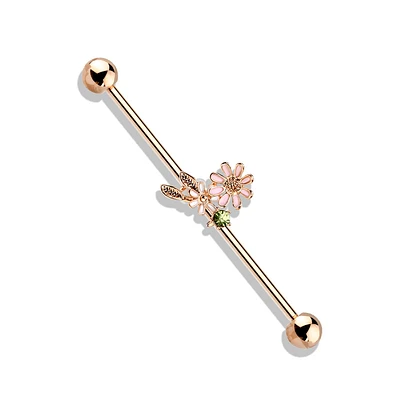 316L Surgical Steel Rose Gold PVD Green CZ Gem With Flowers Industrial Barbell