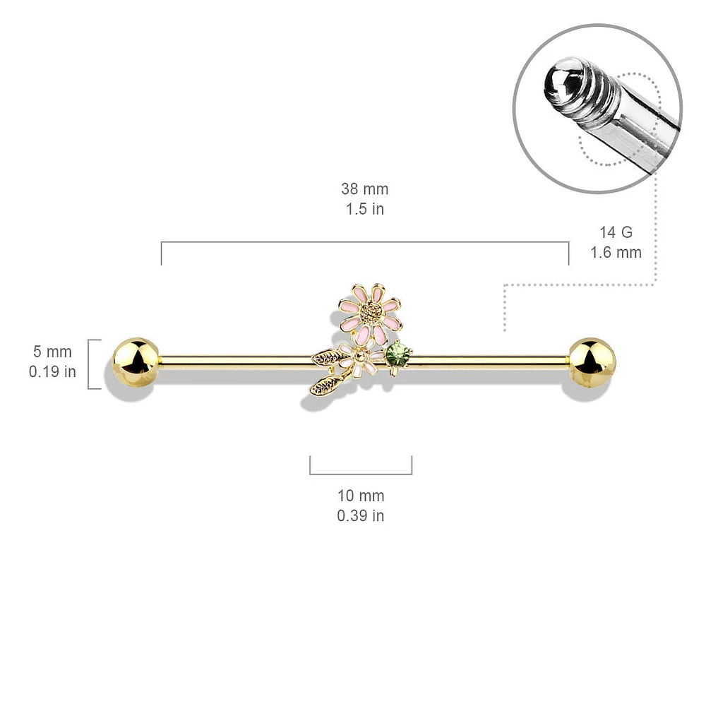 316L Surgical Steel Green CZ Gem With Flowers Industrial Barbell