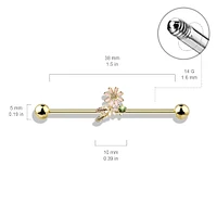 316L Surgical Steel Green CZ Gem With Flowers Industrial Barbell