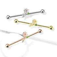 316L Surgical Steel Green CZ Gem With Flowers Industrial Barbell