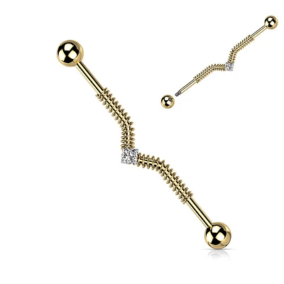 316L Surgical Steel Gold PVD Wire Wrapped White CZ Industrial Barbell