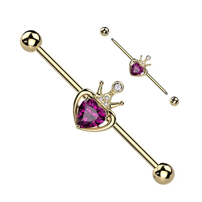 316L Surgical Steel Gold PVD Pink & White CZ Heart Crown Industrial Barbell