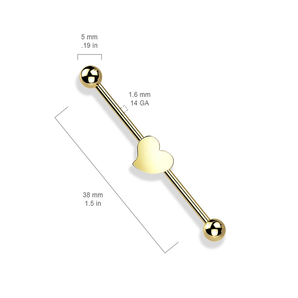 316L Surgical Steel Gold PVD Flat Fixed Heart Shape Industrial Barbell