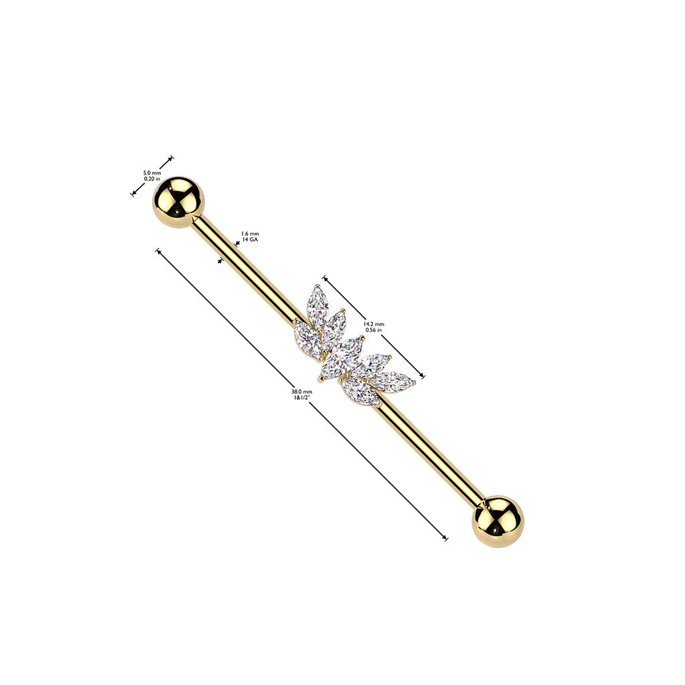 316L Surgical Steel Gold PVD Large White CZ Wing Design Marquise Gem Cluster Industrial Barbell