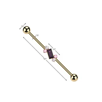 316L Surgical Steel Gold PVD Purple Baguette White & Pink Gem Cluster Industrial Barbell