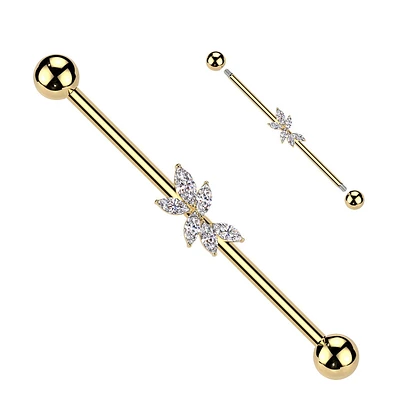 316L Surgical Steel Gold PVD White CZ Marquise Decorative Gem Cluster Industrial Barbell