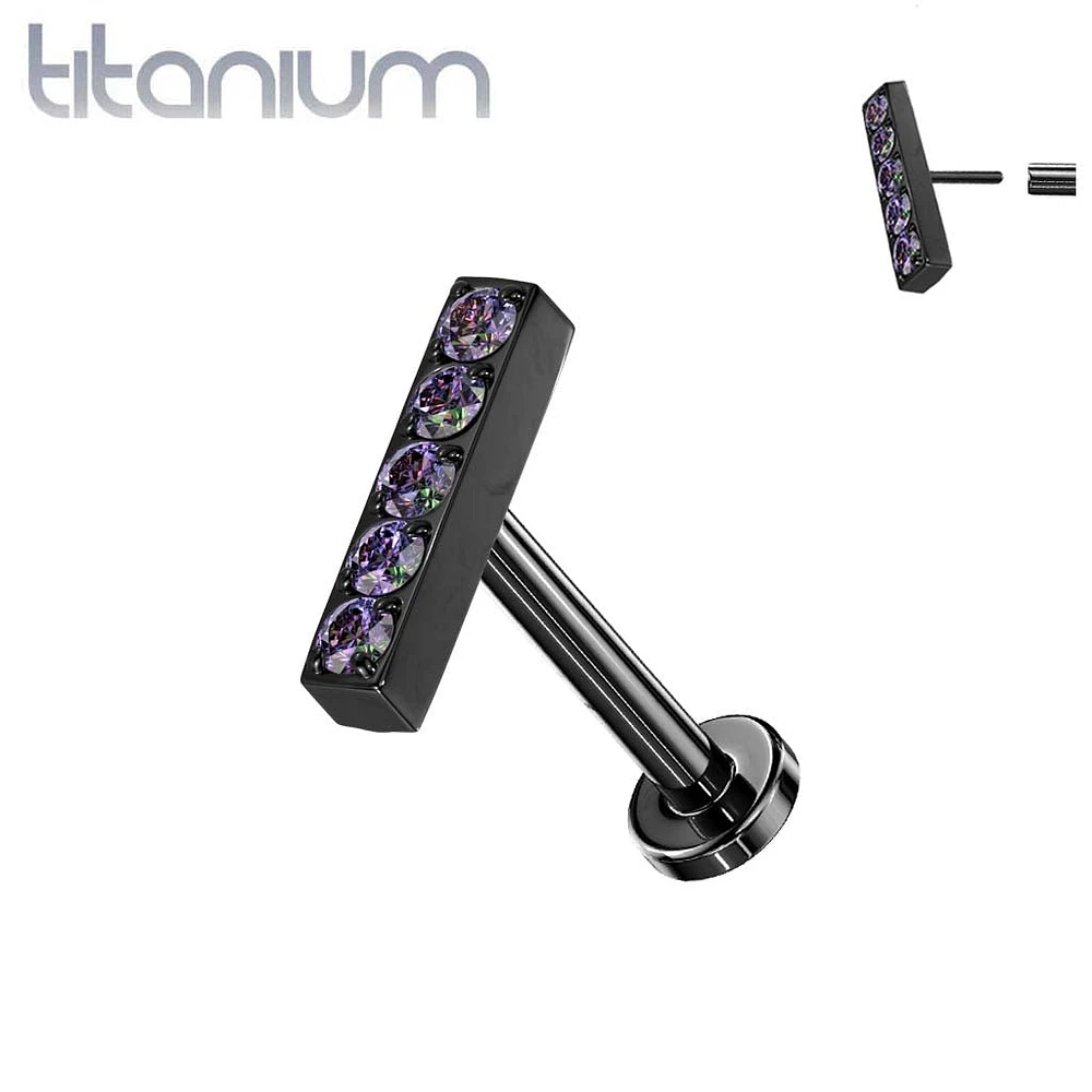 Titanium Black PVD Threadless Push In Labret Vitrail Medium Studded CZ Rectangle Bar