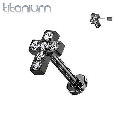 Implant Grade Titanium Black PVD Threadless Push In Labret White Studded CZ Cross