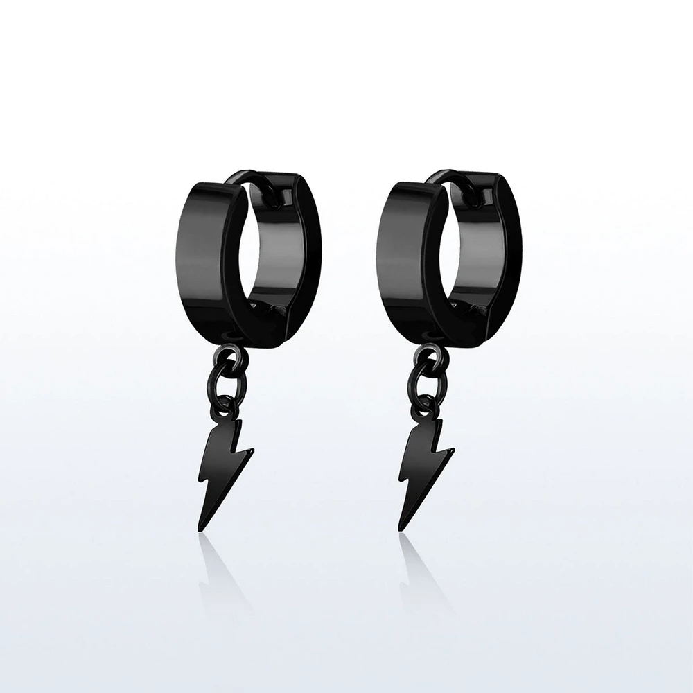 Pair of 316L Surgical Steel Black PVD Bolt of Lightning Dangle Hoop Earrings