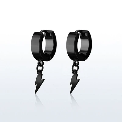 Pair of 316L Surgical Steel Black PVD Bolt of Lightning Dangle Hoop Earrings