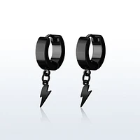 Pair of 316L Surgical Steel Black PVD Bolt of Lightning Dangle Hoop Earrings