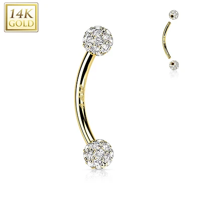 14kt Gold 16ga Small White Multi CZ Cluster Curved Barbell