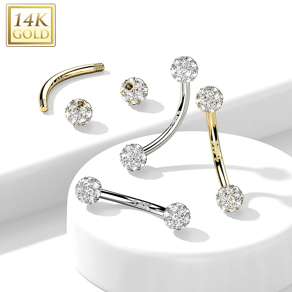 14kt Gold 16ga Small White Multi CZ Cluster Curved Barbell