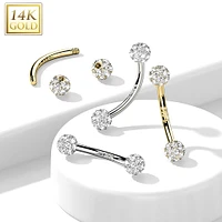 14kt Gold 16ga Small White Multi CZ Cluster Curved Barbell