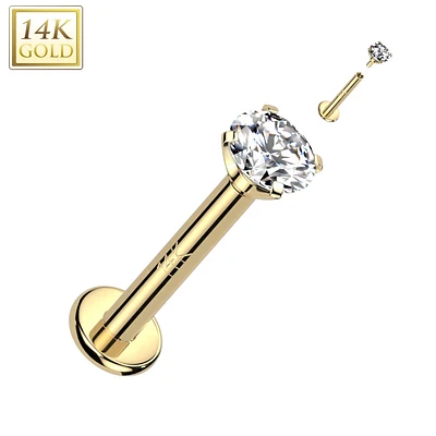 14KT White Gold White CZ Gem Internally Threaded Flat Back Labret