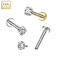 14KT White Gold White CZ Gem Internally Threaded Flat Back Labret