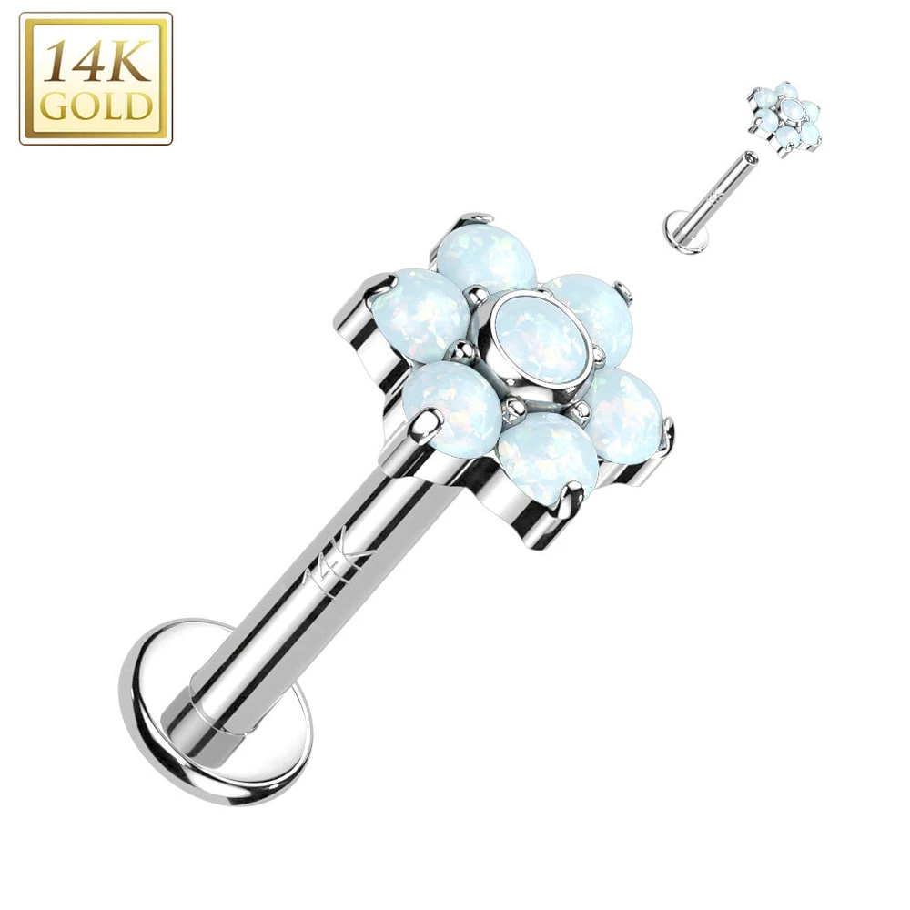 14KT White Gold White Opal Flower Internally Threaded Flat Back Labret