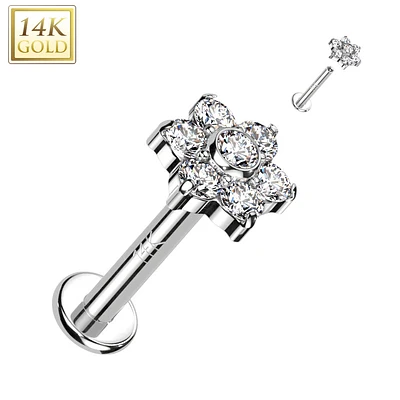 14KT White Gold White CZ Flower Internally Threaded Flat Back Labret