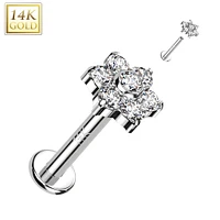 14KT White Gold White CZ Flower Internally Threaded Flat Back Labret